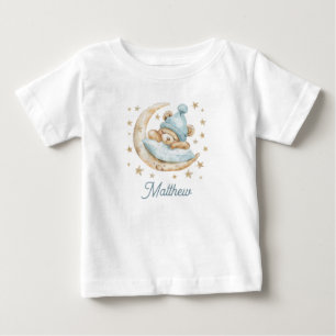 Teddy Bear Boy Baby Moon Stars Name Blue T-Shirt