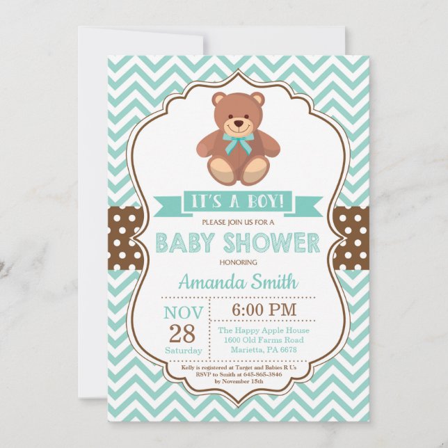 Teddy Bear Boy Baby Shower Aqua Chevron Invitation (Front)