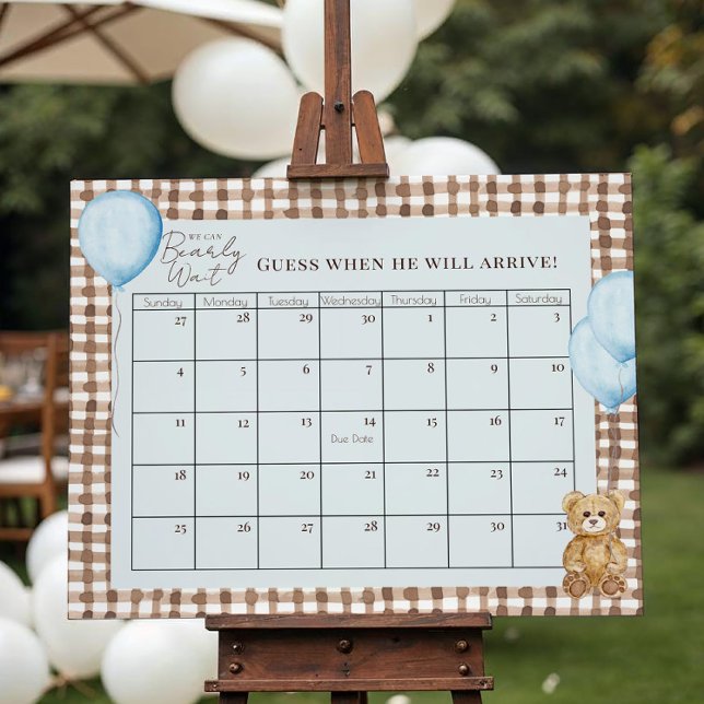 Teddy Bear Boy Baby Shower Blue Due Date Calendar Poster (Creator Uploaded)
