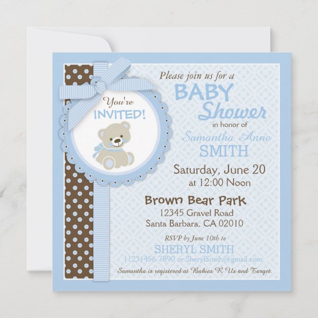 Teddy Bear Boy Baby Shower Blue Invitation (Back)