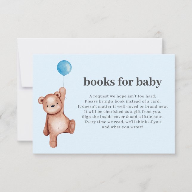 Teddy Bear Boy Baby Shower Books For Baby Insert Invitation (Front)