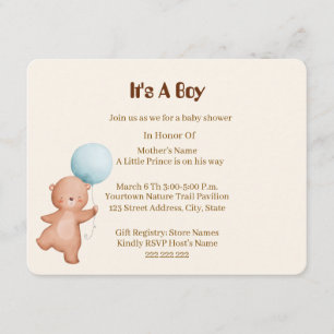     Teddy Bear Boy Baby Shower Card invitation