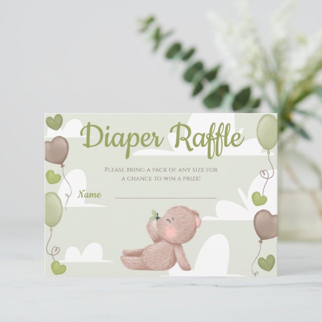 Teddy Bear Boy Baby Shower Diaper Raffle Card (Standing Front)
