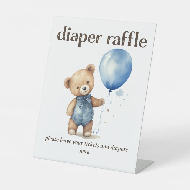 Teddy Bear Boy Baby Shower Diaper Raffle Pedestal Sign (Front)