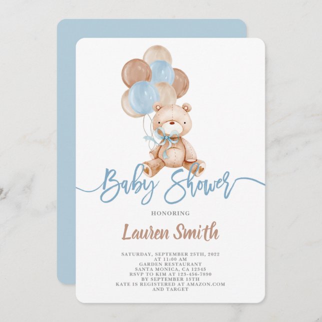 Teddy Bear Boy Baby Shower Invitation (Front/Back)