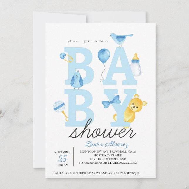 Teddy Bear Boy Baby Shower  Invitation (Front)