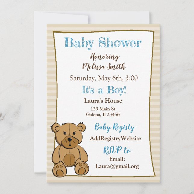 Teddy Bear Boy Baby Shower Invitations (Front)