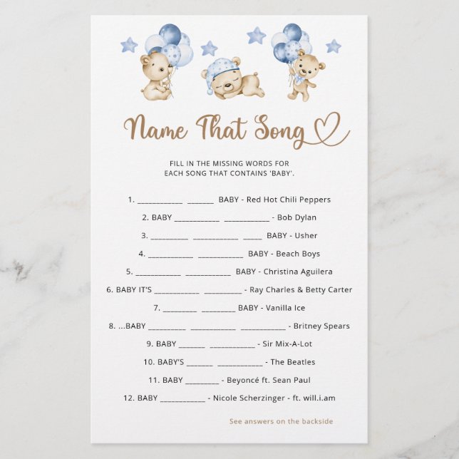 Teddy bear boy baby shower Name That Song (Front)