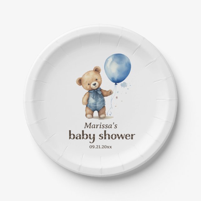 Teddy Bear Boy Baby Shower Paper Plate (Front)