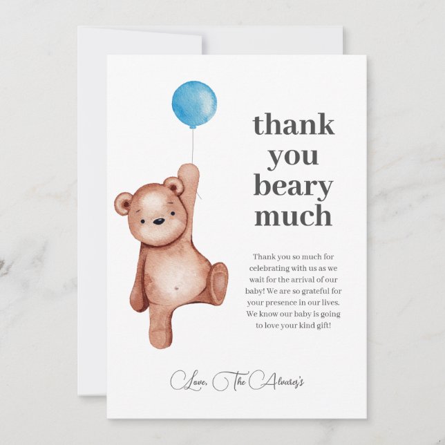 Teddy Bear Boy Baby Shower Thank You Card (Front)