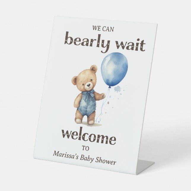 Teddy Bear Boy Baby Shower Welcome Pedestal Sign (Front)