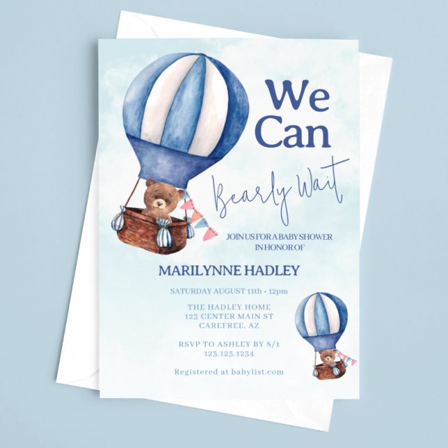 Teddy Bear Boy Bearly Wait Baby Shower Invitation (Creator Uploaded)