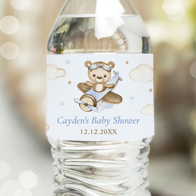 Teddy Bear Boy Bearly Wait Baby Shower Water Bottle Label (Creator Uploaded)