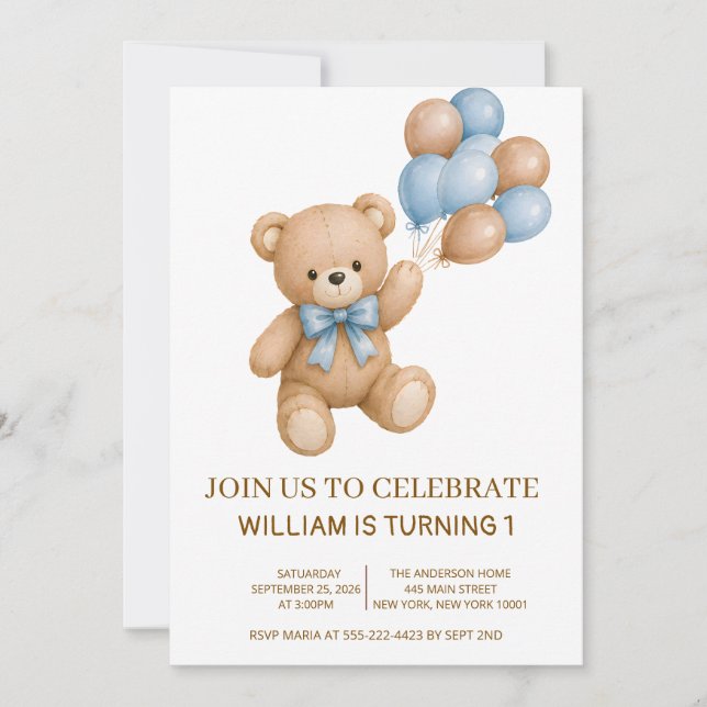 Teddy Bear Boy Birthday Any Age Invitation (Front)
