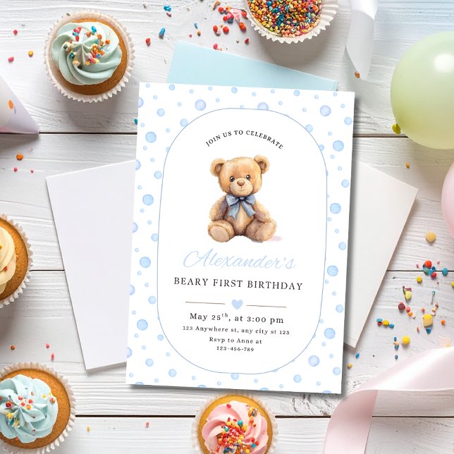 Teddy Bear Boy Birthday Invite, Beary 1st Birthday Invitation (Creator Uploaded)