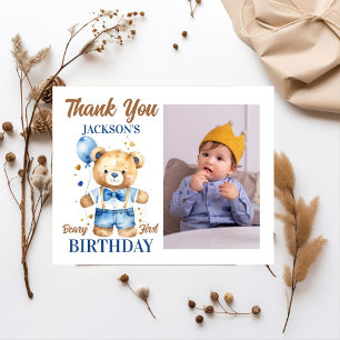 Teddy bear boy birthday thank you photo card