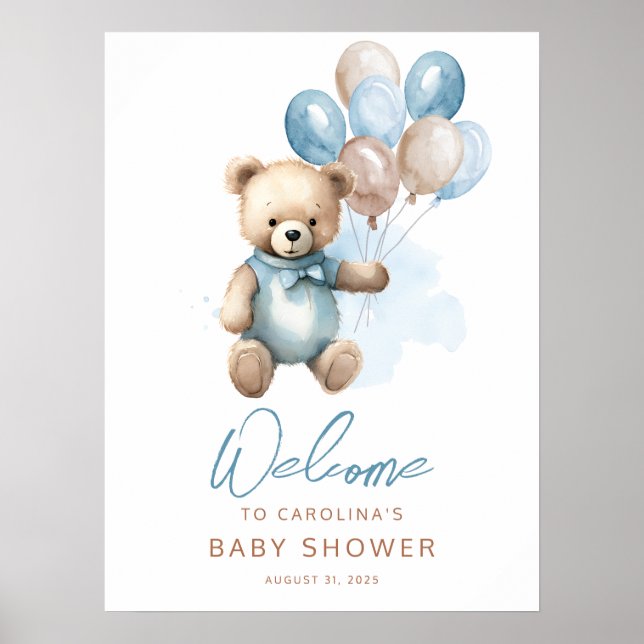 Teddy Bear Boy Blue Baby Shower Welcome Sign (Front)