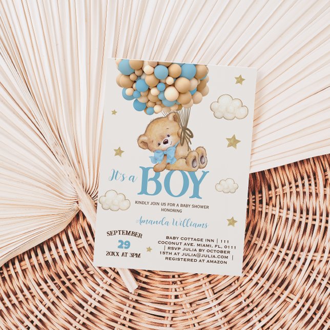Teddy Bear Boy Blue Balloon Baby Shower Invitation (Creator Uploaded)