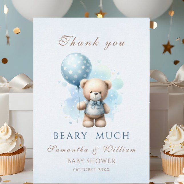  Teddy Bear Boy Blue Balloon Sweet Baby Shower Thank You Card (Creator Uploaded)