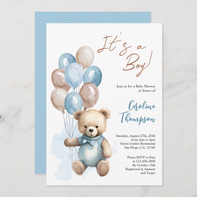 Teddy Bear Boy Blue Balloons Baby Shower Invitatio Invitation (Front/Back)