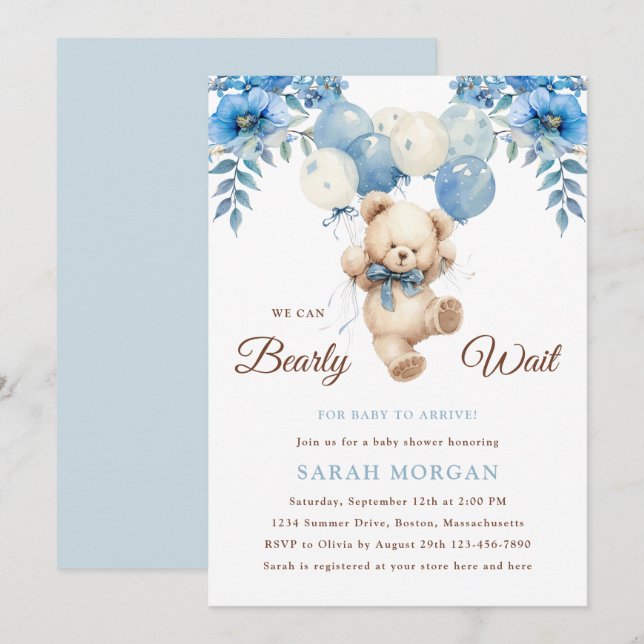 Teddy Bear Boy Blue | Boho Bearly Wait Baby Shower Invitation (Front/Back)