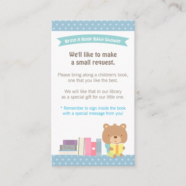 Teddy Bear Boy Book Baby Shower Book Request Enclosure Card (Front)