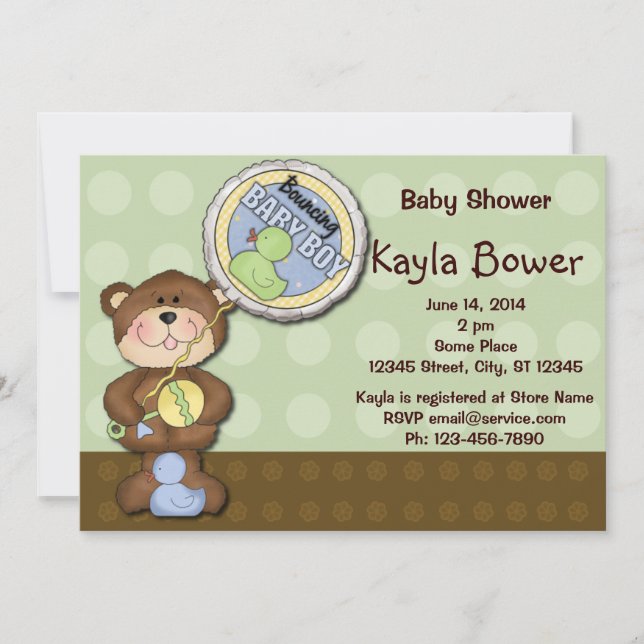 Teddy Bear Boy Brown Green Baby Shower Invitation (Front)