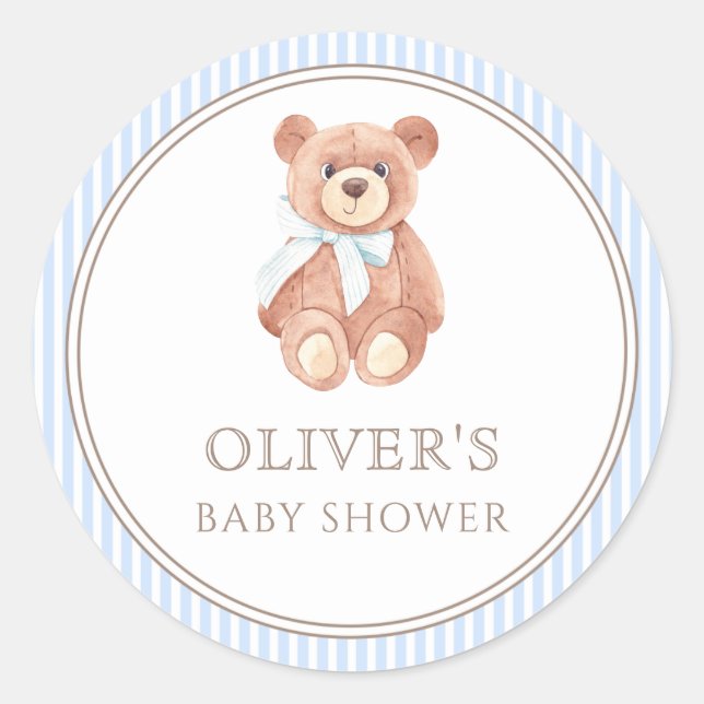 Teddy Bear Boy Classic Baby Shower Party Round Sticker (Front)