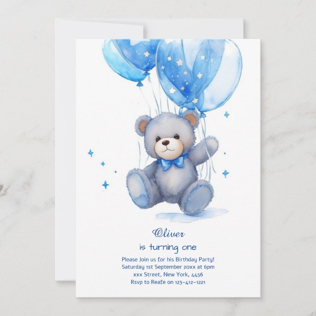 Teddy Bear Boy First Birthday Invitation (Front)