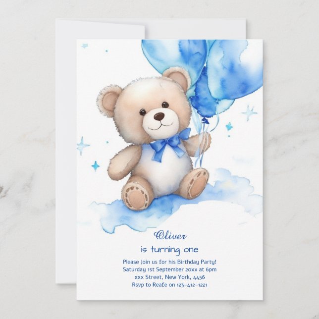 Teddy Bear Boy First Birthday Invitation (Front)
