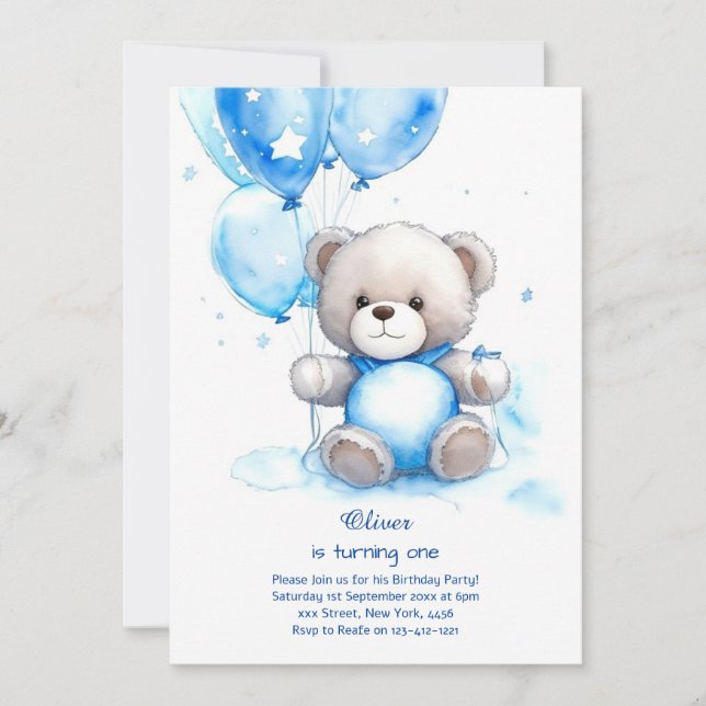 Teddy Bear Boy First Birthday Invitation (Front)