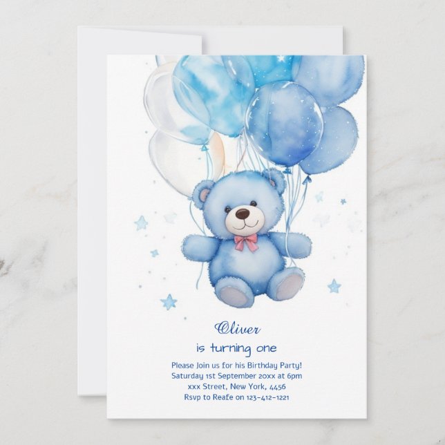 Teddy Bear Boy First Birthday Invitation (Front)