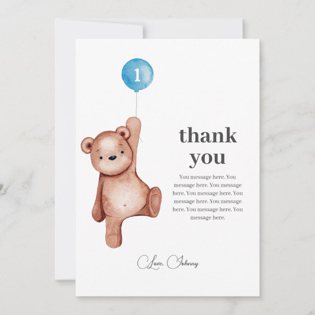 Teddy Bear Boy First Birthday Thank You Card (Front)