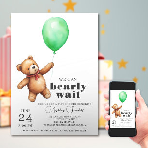 Teddy Bear Boy Green Baby Shower Invitation