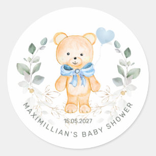Teddy Bear Boy Greenery Foliage Baby Shower Classic Round Sticker