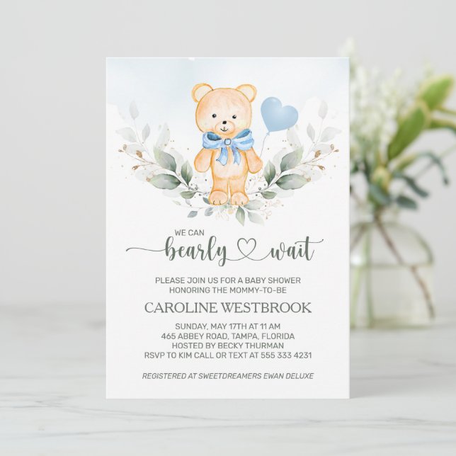 Teddy Bear Boy Greenery Foliage  Baby Shower Invitation (Standing Front)