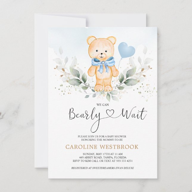 Teddy Bear Boy, Greenery Foliage  Baby Shower Invitation (Front)