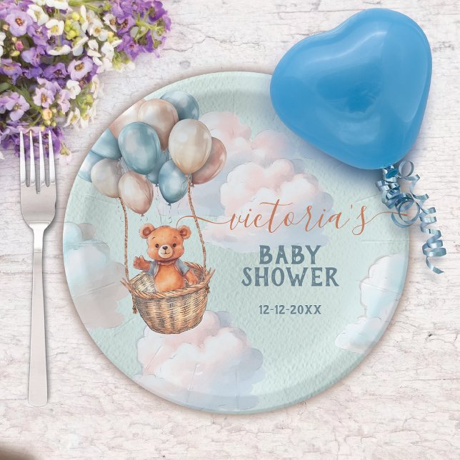 Teddy Bear Boy Hot Air Balloon Baby Shower Paper Plate (Matching invitations available!)