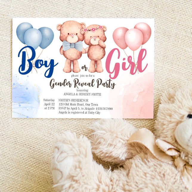Teddy bear boy or girl gender reveal baby shower invitation (Creator Uploaded)