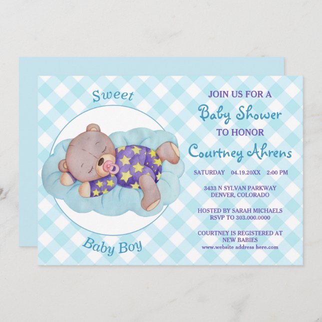 Teddy Bear Boy Sleeping Baby Shower Invitation (Front/Back)