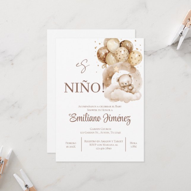 Teddy Bear Boy Spanish Invitation (Front/Back In Situ)