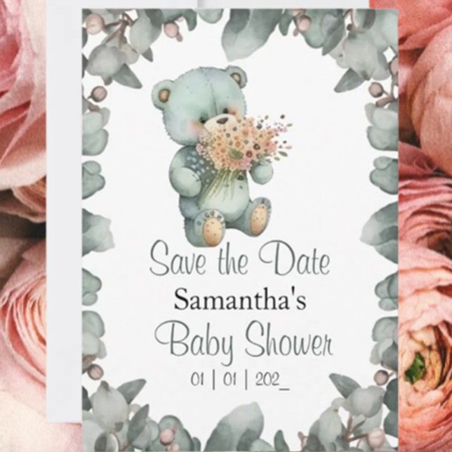 Teddy Bear Boy Watercolor Baby Shower  Invitation (Featuring a charming teddy bear and floral accents, it's the perfect way to invite loved ones to wel)
