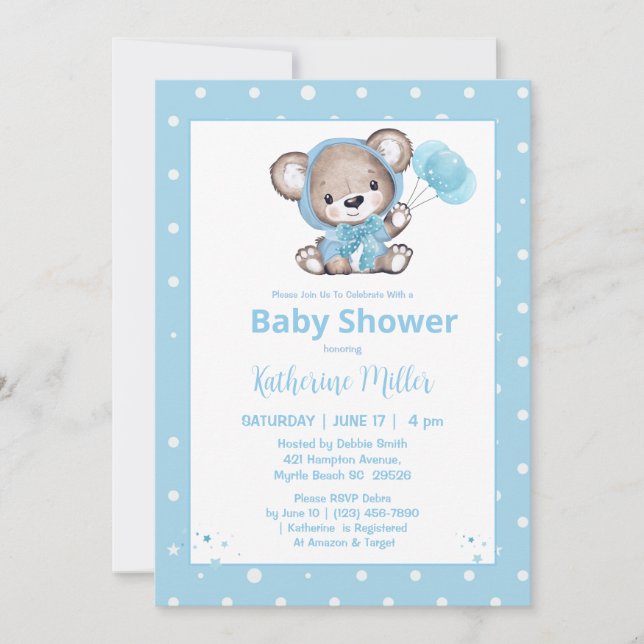 Teddy Bear Boys Blue Baby shower Invitation (Front)