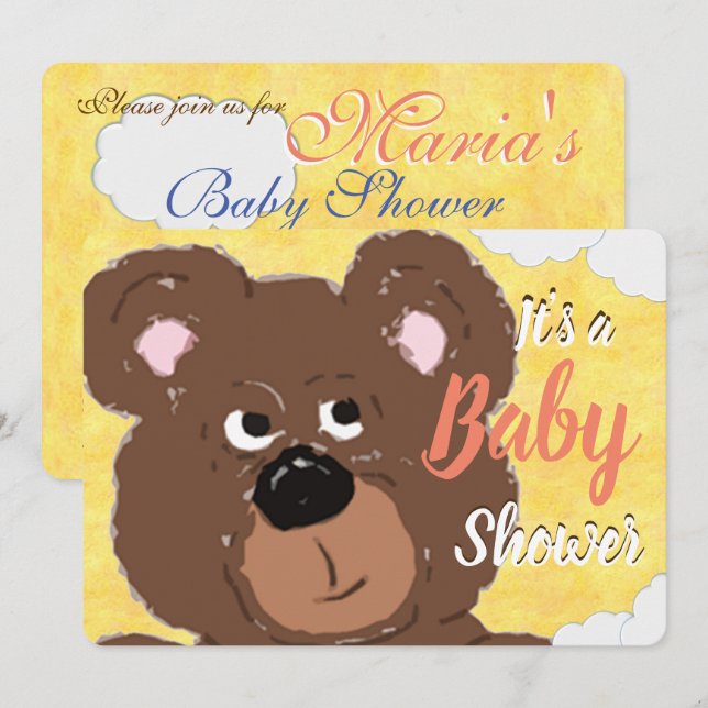 Teddy Bear Bright Yellow Baby Shower Invitation (Front/Back)