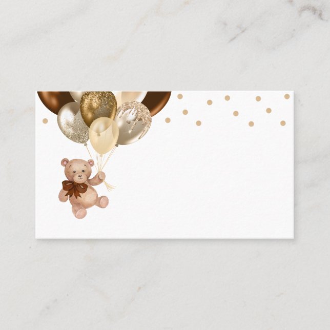 Teddy Bear Brown and Gold Balloons Baby Shower Place Card (Front)