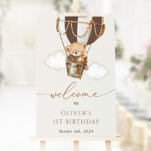 Teddy Bear, Brown Balloon, First Birthday Welcome Poster