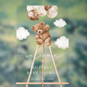 Teddy Bear, Brown Balloons, Baby Shower Welcome Acrylic Sign