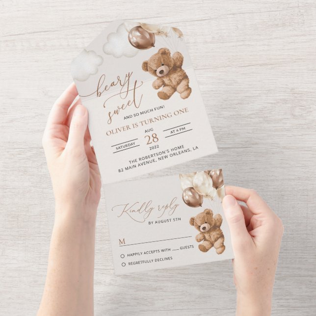 Teddy Bear, Brown Balloons, First Birthday All In One Invitation (Tearaway)