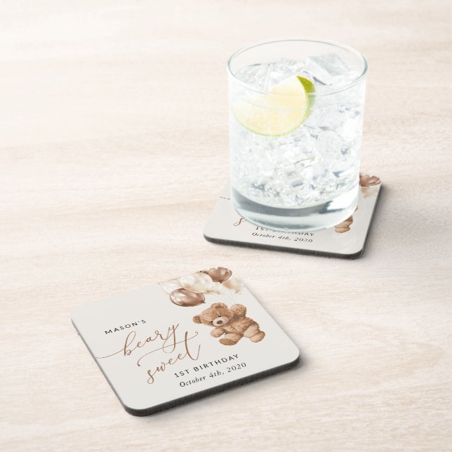 Teddy Bear, Brown Balloons, First Birthday Coaster (Right Side)