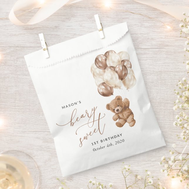 Teddy Bear, Brown Balloons, First Birthday Favour Bags (Clipped)